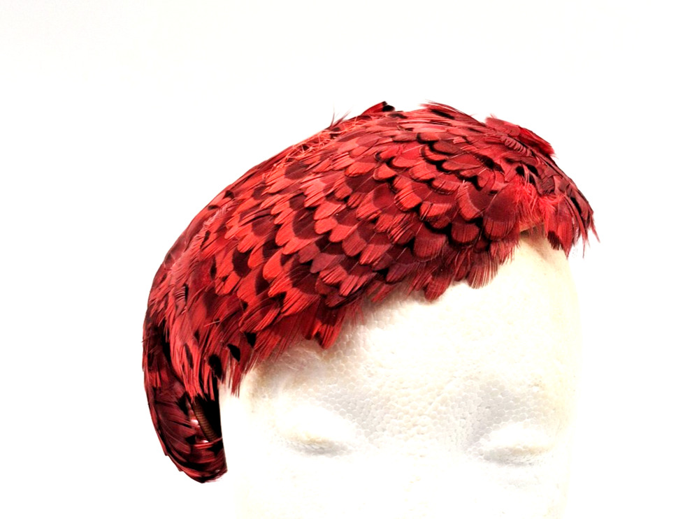 Vintage Fleur de Lis Chapeau Red Feather Fascinator Cocktail Hat 1950s Womens
